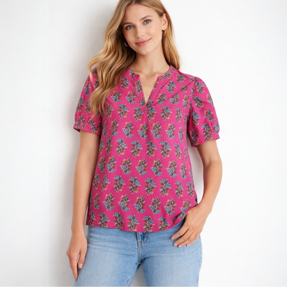 J.Crew Pink Floral Poplin V-Neck Puff Sleeve Top - S
